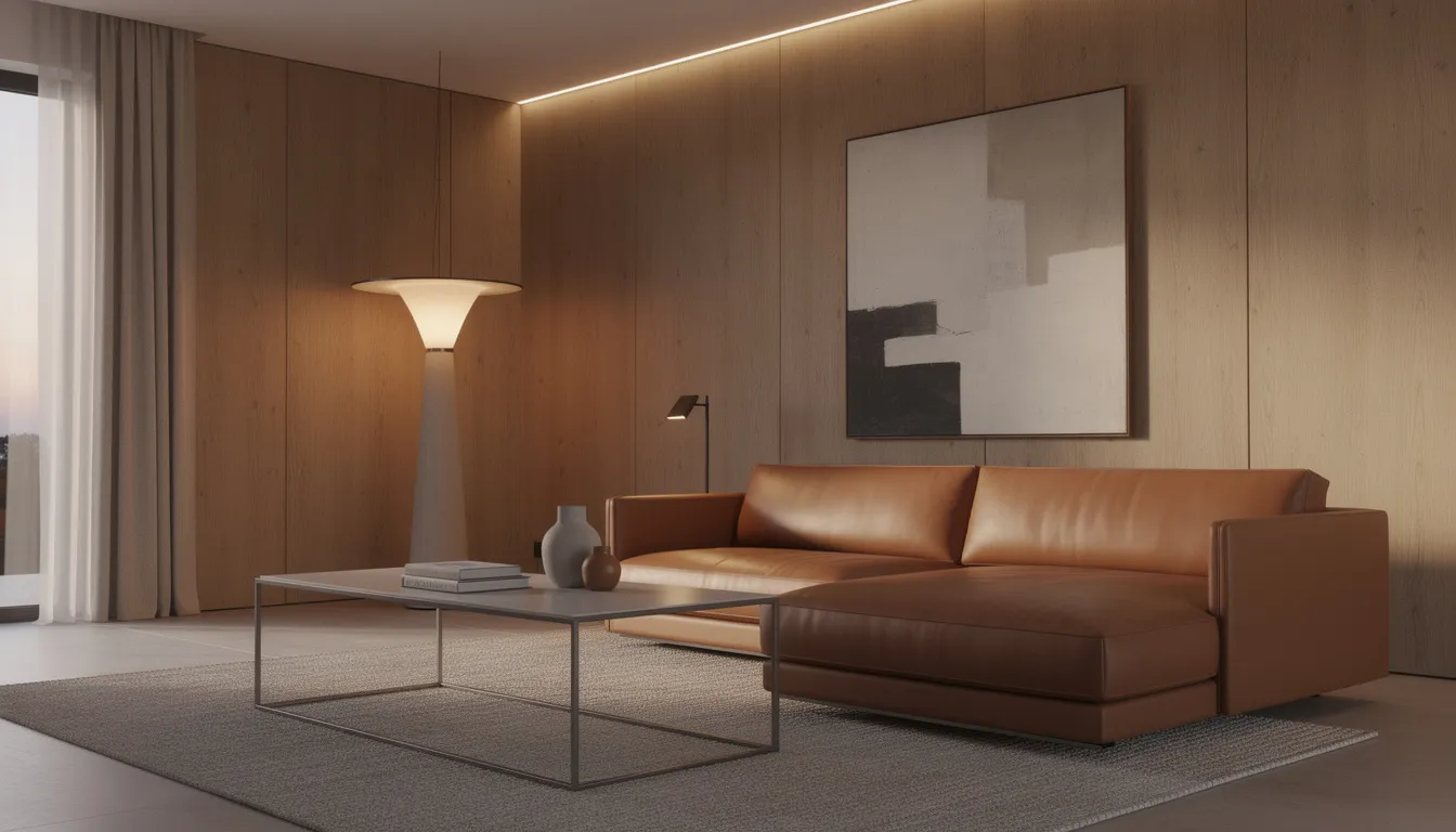 Een stijlvolle woonkamer met houten wandpanelen, een luxe leren bank en een design salontafel, verlicht door sfeervolle lampen. De akoestische wandpanelen zorgen voor een rustige en comfortabele omgeving, ideaal voor ontspanning.