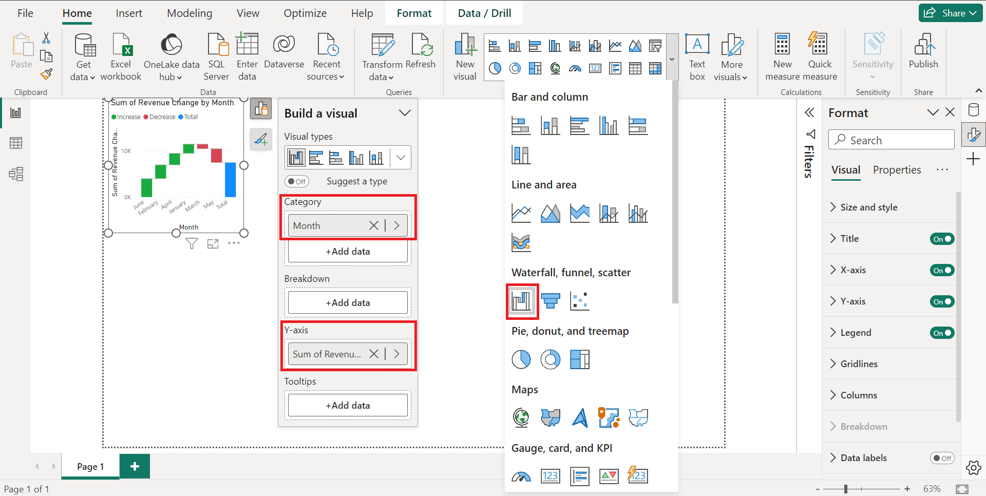 Create a waterfall chart using your Power BI reports to get final net value