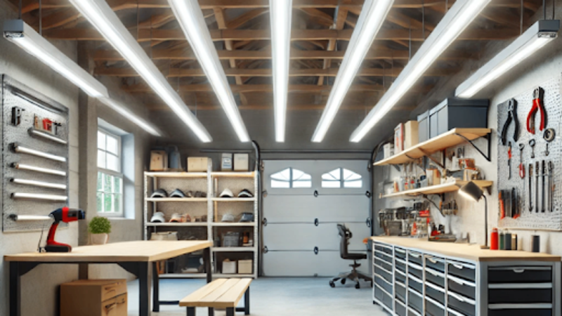 Linear LED lights in a mechanic’s shop.