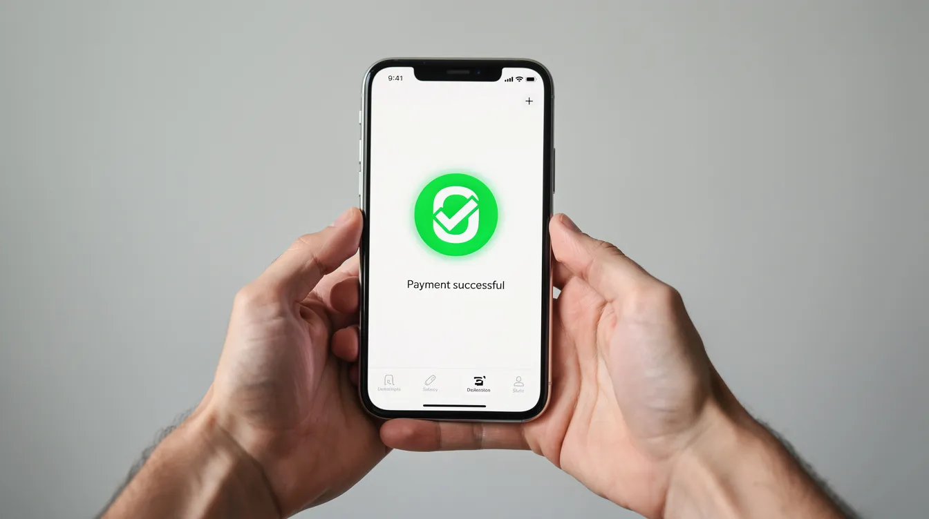 A pair of hands is holding a smartphone displaying a green checkmark on the screen, indicating a successful online money transfer. This image symbolizes the ease of sending money to Bangladesh, showcasing a reliable payment method for international transactions.