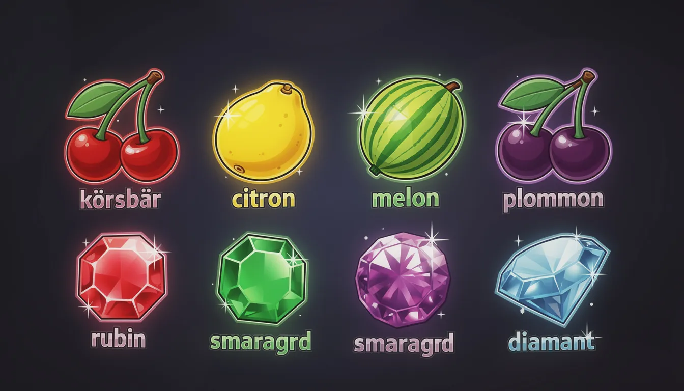 Bildens innehåll visar färgglada spelautomatsymboler som inkluderar olika frukter och juveler, vilket skapar en livlig atmosfär som är typisk för ett casino. Dessa symboler är designade för att locka spelare att spela slots och uppleva spänningen i ett lucky casino.