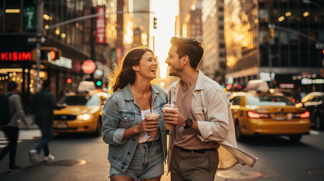 A couple enjoys a fun date in New York City, sharing laughter and engaging in real conversation as they explore the vibrant city together. Their connection reflects intentional dating, focusing on building a meaningful relationship while navigating the early stages of their journey together.