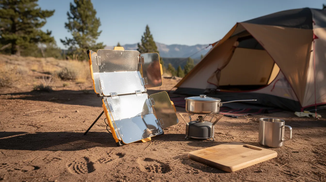 The image shows a compact solar oven positioned next to various camping cookware at an open campsite, highlighting the concept of solar cooking. The setup includes a cooking pot and a cooking pan, emphasizing the use of sunlight to cook food outdoors.