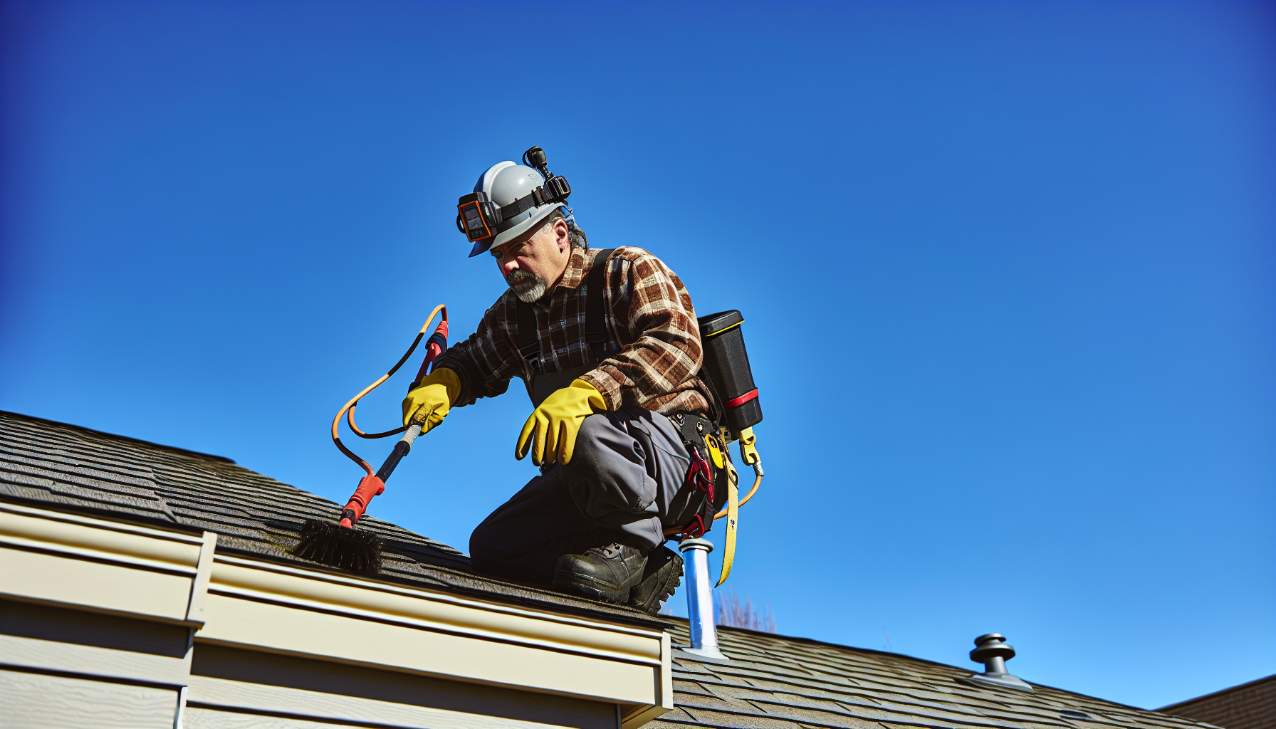 Photo of a person in safety gear cleaning a roof