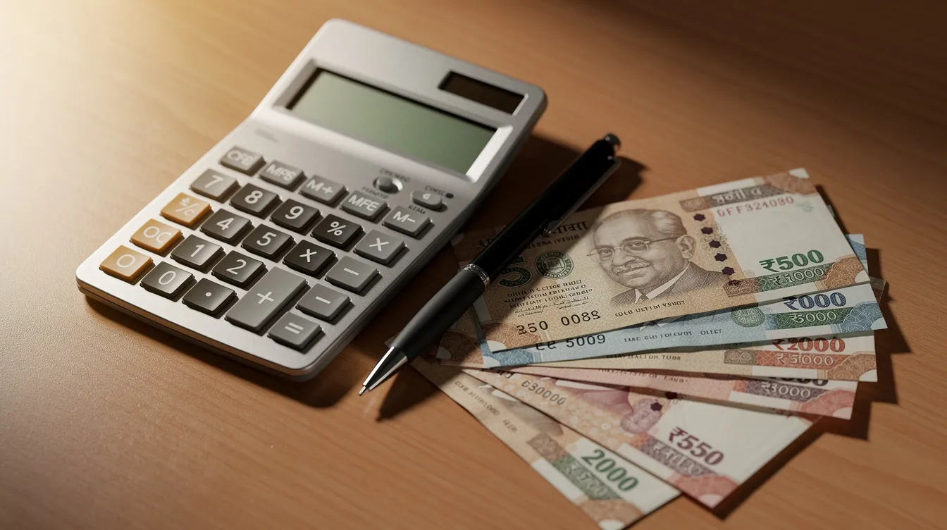 616a81d7 4b18 49f0 a253 b71abcc22fa5 The image features a simple calculator alongside Indian currency notes and a pen, all resting on a wooden desk. This setup may symbolize financial planning and assistance for borrowers looking to manage their cash flow or apply for mudra loans.