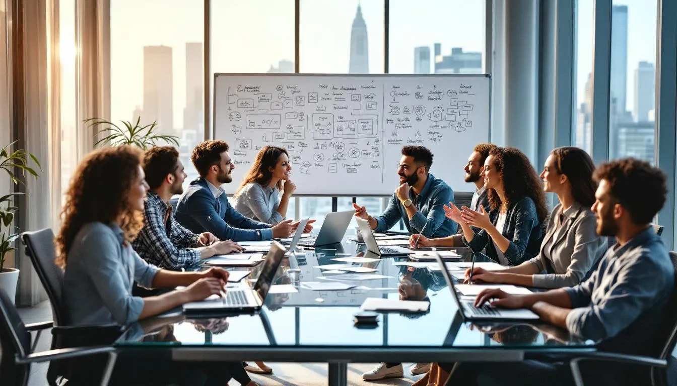 In einem modernen Büro brainstormt eine diverse Gruppe von Unternehmern, die an ihren Geschäftsideen arbeiten und sich über Möglichkeiten zur Unternehmensgründung austauschen. Die Atmosphäre ist kreativ und inspirierend, während sie gemeinsam an ihren Visionen für Start-ups und die Selbstständigkeit arbeiten.