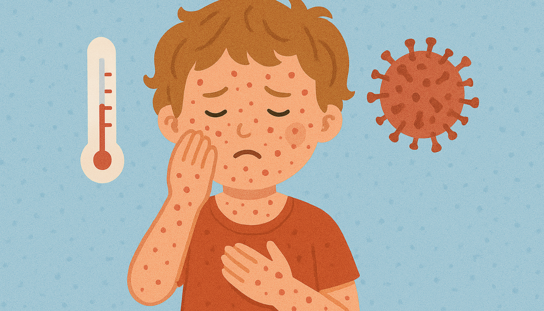 Barn med vannkopper og feber, synlig ubehag og røde prikker i ansikt og kropp, illustrert sammen med virus og termometer.