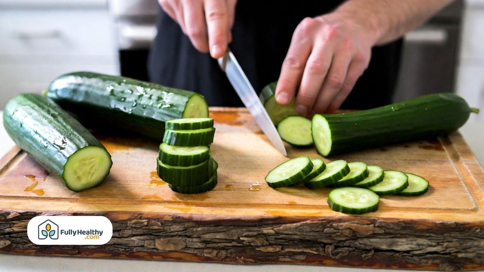 Person slicing fresh cucumbers on a wooden cutting board in a kitchen.