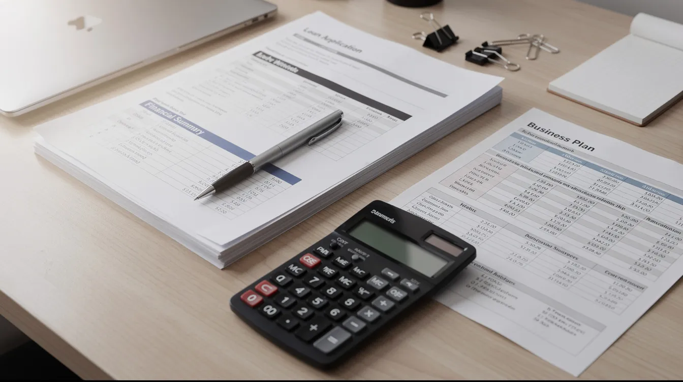 The image shows a neatly organized desk featuring various business documents, bank statements, and a calculator, all set up for a loan application process. This scene reflects the preparation needed by eligible borrowers, such as micro enterprises, to apply for financial assistance under schemes like the Pradhan Mantri Mudra Yojana.
