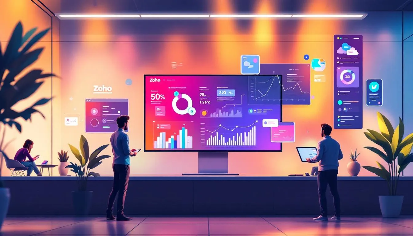 Professionals Analyzing Zoho Dashboards And Performance Metrics On Large Digital Screens Representing Zoho Consultancy For Business Analytics And Automation.