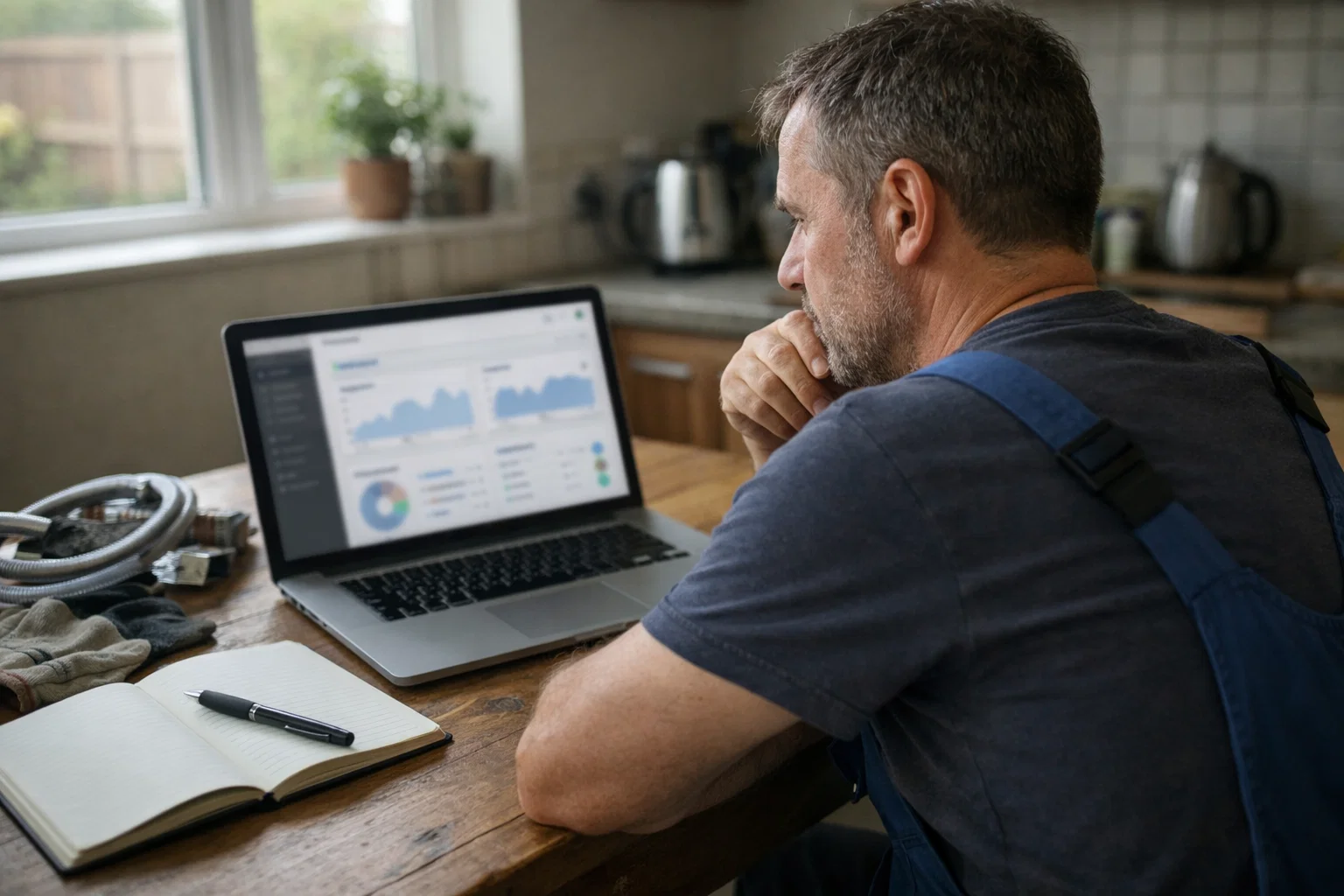 Plumber reviewing website performance data on laptop at kitchen table