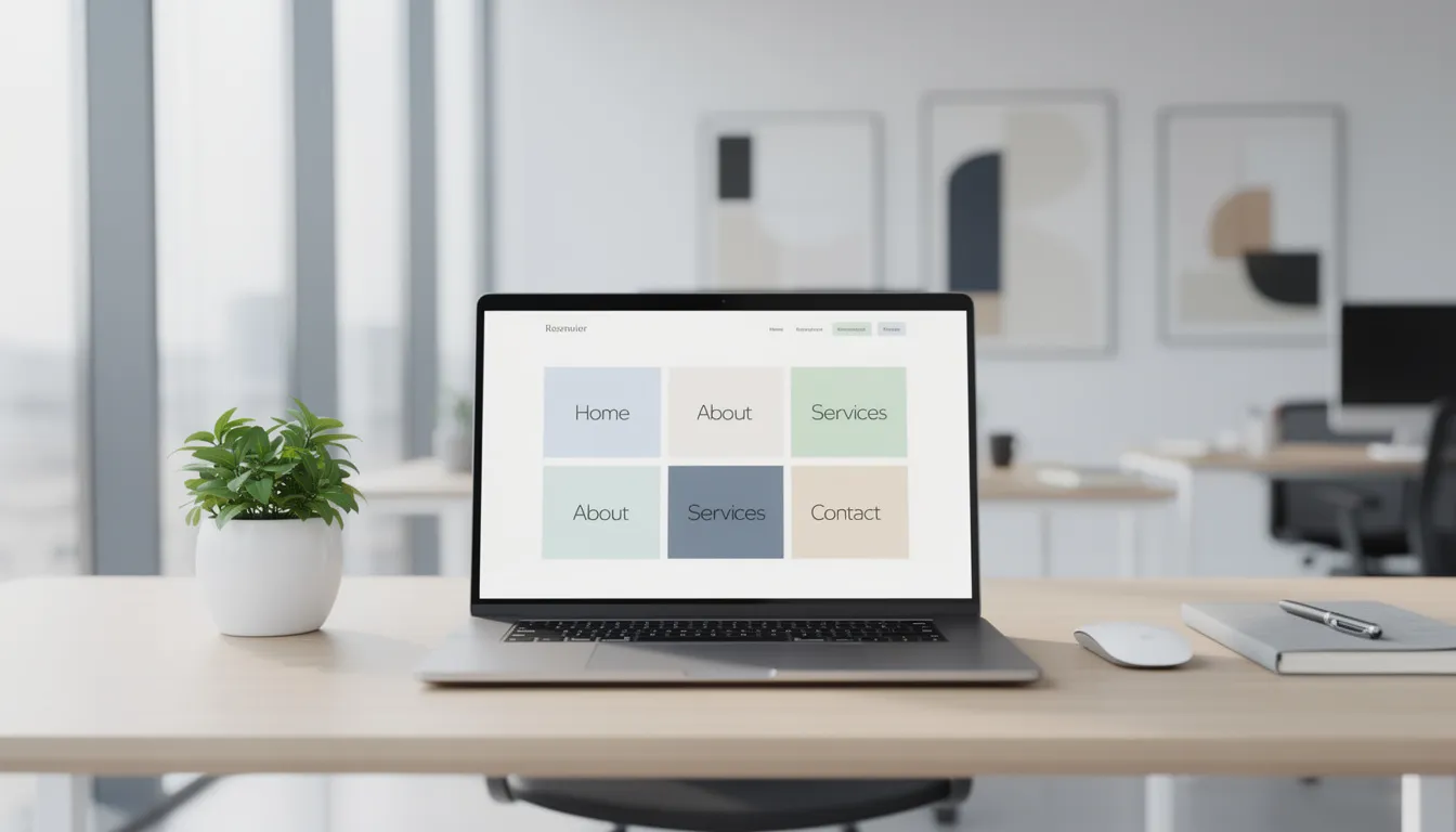 A modern office workspace features a sleek laptop displaying a clean website design, highlighting the importance of a website refresh to enhance digital presence and improve user experience. This design aims to meet user expectations and drive traffic, addressing key areas such as mobile responsiveness and site structure for better search engine rankings.