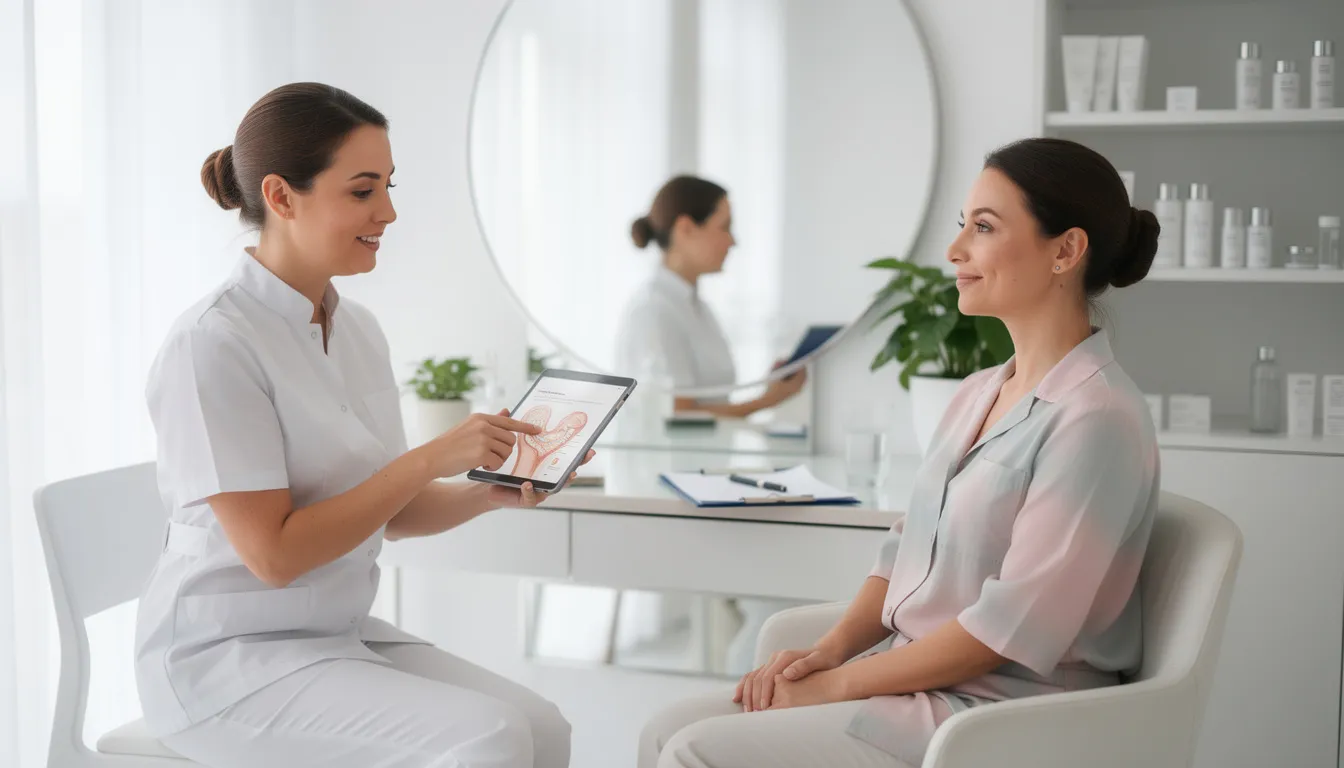 Na zdjęciu widać zrelaksowaną kobietę siedzącą w gabinecie kosmetycznym podczas konsultacji dotyczącej usuwania kępek żółtych na powiekach. Kobieta wydaje się być w komfortowej atmosferze, a w tle można dostrzec narzędzia i akcesoria związane z medycyną estetyczną.