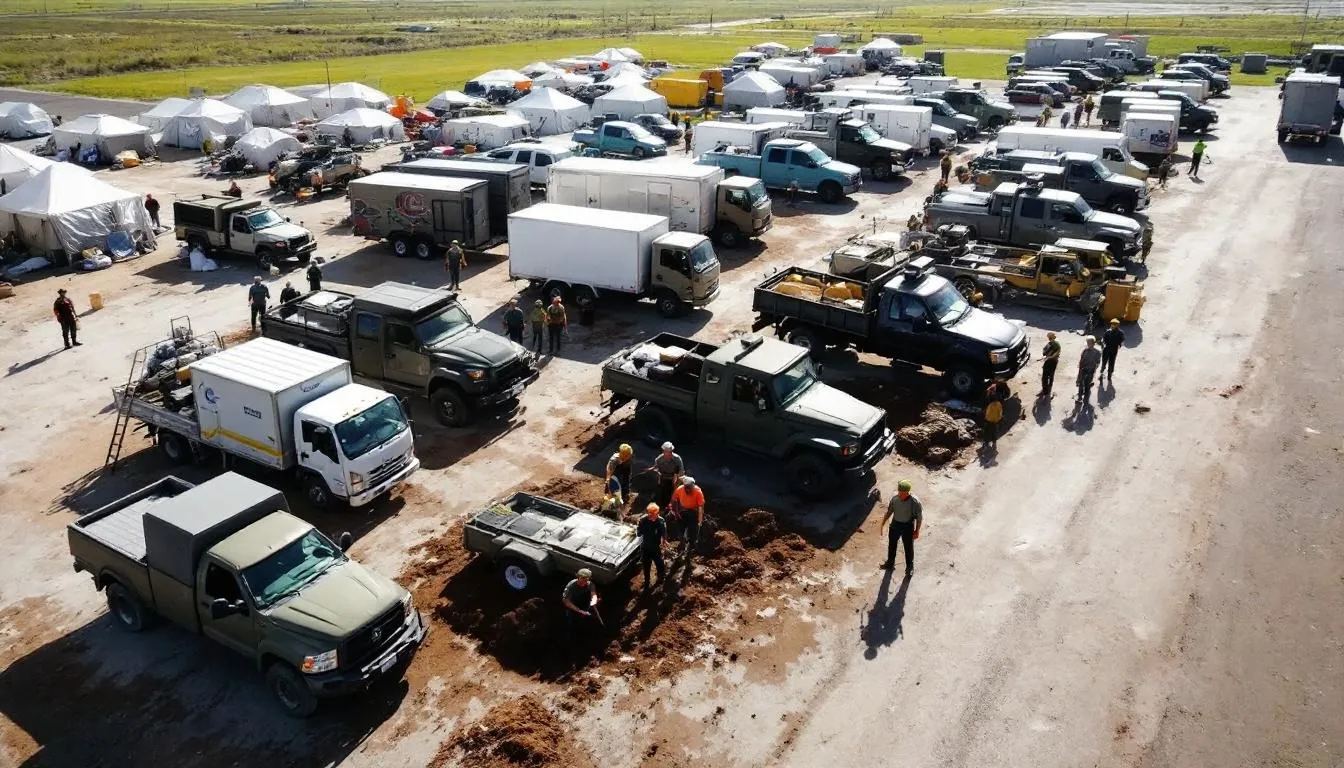 In the image, multiple agency vehicles and personnel are seen coordinating at a homeless encampment cleanup site, where they are focused on the removal of trash and personal belongings left by encampment residents. The scene reflects a collaborative effort involving city departments and community volunteers to address public safety and health concerns related to homelessness.