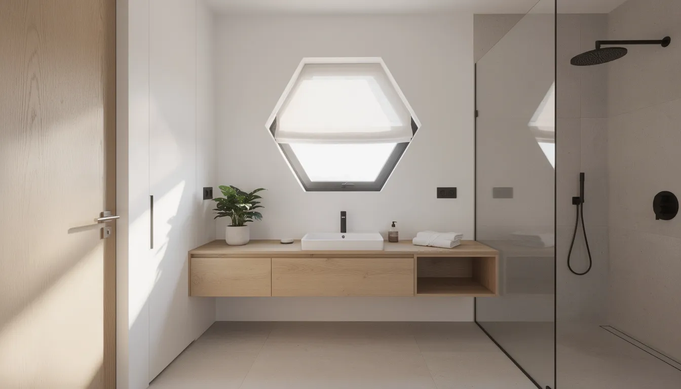 The image depicts a modern bathroom featuring natural wood elements and a stunning hexagon window, adorned with light-filtering shades that allow natural light to gently fill the space while providing privacy. This unique window serves as a focal point, enhancing the room's elegance and functionality.