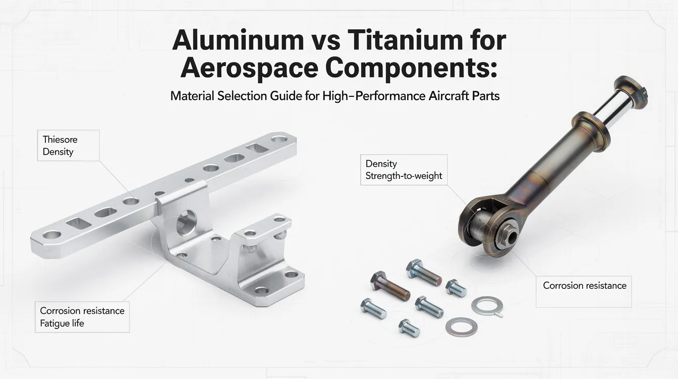 The image illustrates a comparison between aluminum and titanium for aerospace components, showcasing their distinct properties such as strength to weight ratio, corrosion resistance, and performance in high temperature applications. It highlights the advantages of titanium alloys, like exceptional strength and fatigue resistance, against aluminum alloys, emphasizing their roles in high-performance aircraft parts and the aerospace industry.