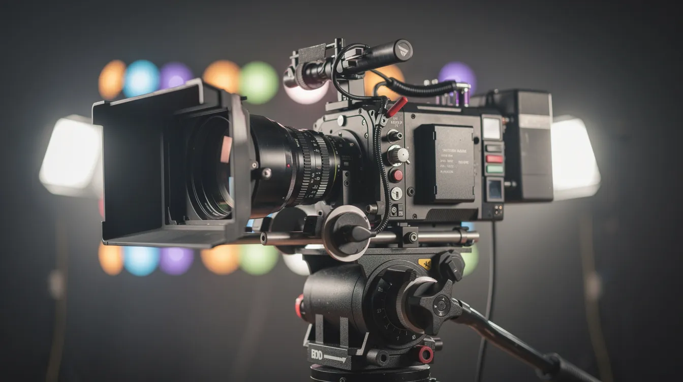 Die Nahaufnahme zeigt eine professionelle Filmkamera auf einem Kran, während im Hintergrund verschwommene Studiolichter leuchten. Dieses Bild vermittelt das Gefühl von Filmproduktion und erinnert an die beeindruckende Ästhetik von Filmen wie "The Wolf of Wall Street".