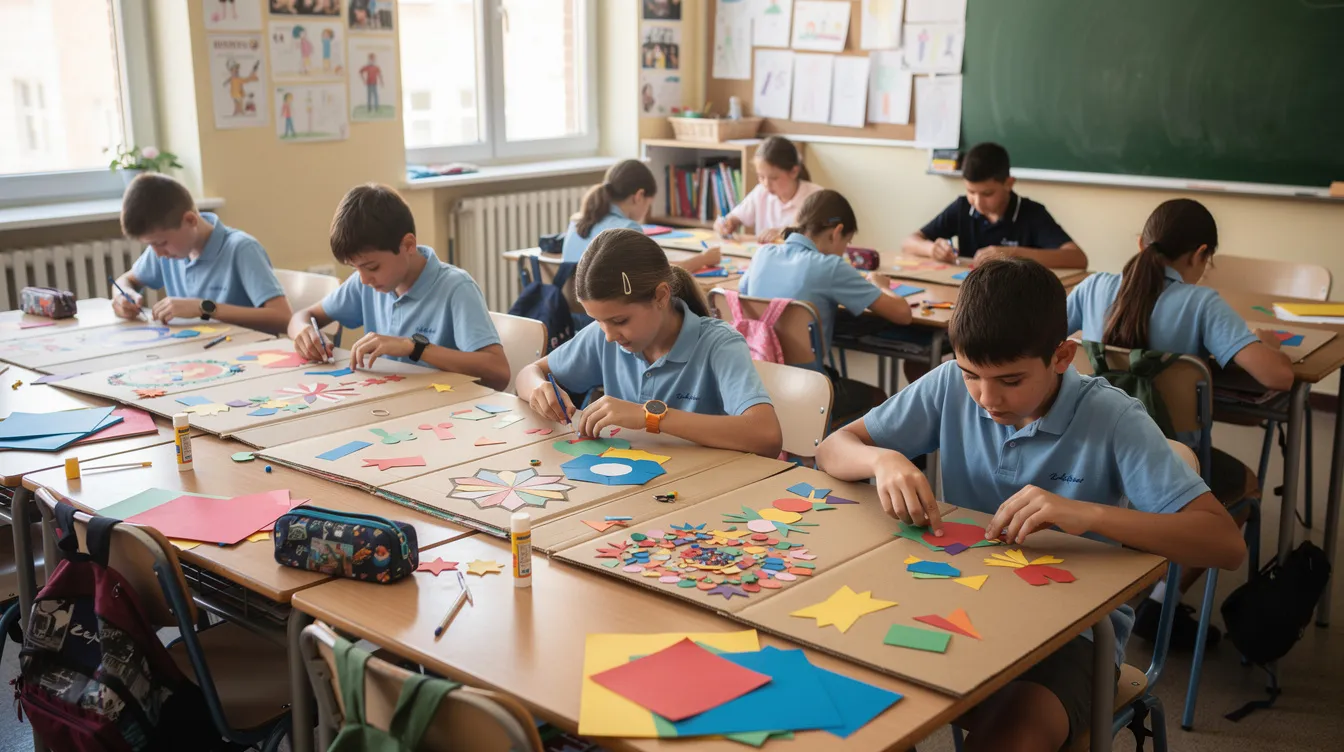Na zdjęciu uczniowie siedzą przy ławkach, zajęci pracą z kolorowym papierem, wycinając i przyklejając r&oacute;żne elementy do dużych kartonowych teczek. W tle można dostrzec dekoracje lapbooka, kt&oacute;re mogą zawierać wklejki związane z tematyką chrześcijan i pogan w kontekście powieści "Quo Vadis".