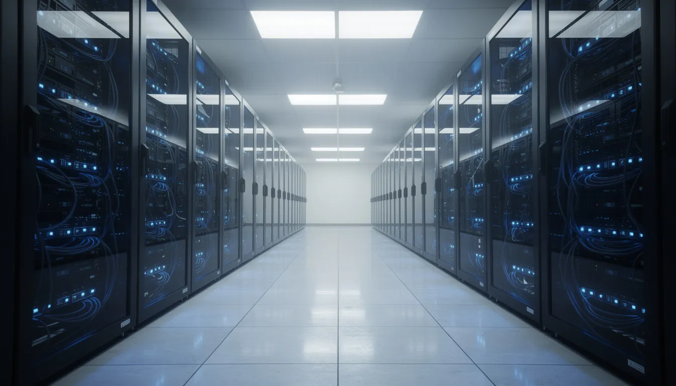 The image depicts a modern data center filled with rows of server racks, each illuminated by vibrant blue LED lights, showcasing the advanced technology behind generative artificial intelligence systems and machine learning models. This high-tech environment is essential for processing and analyzing large datasets, enabling the development of AI tools and applications.