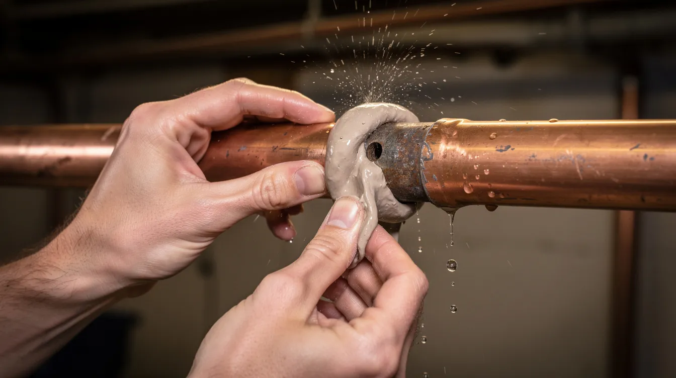 A pair of hands is applying epoxy putty to a small leak on a copper water pipe, demonstrating a common pipe repair technique for plumbing systems. This method provides a temporary seal to fix pinhole leaks and prevent further water supply issues.
