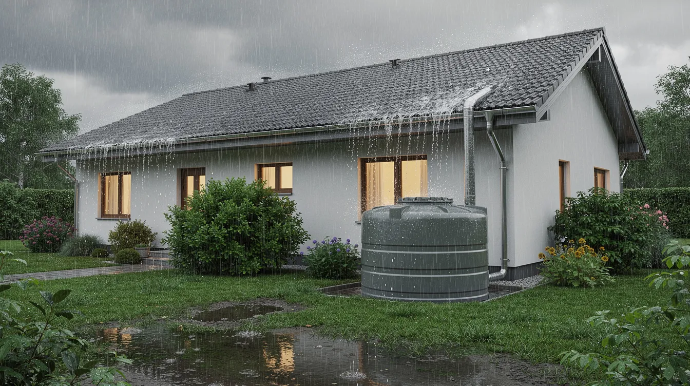 Une maison individuelle est visible sous la pluie, avec des gouttières qui dirigent l'eau de pluie vers une cuve de récupération située dans un jardin verdoyant. Ce système de stockage permet de collecter l'eau pour divers usages dans la résidence.