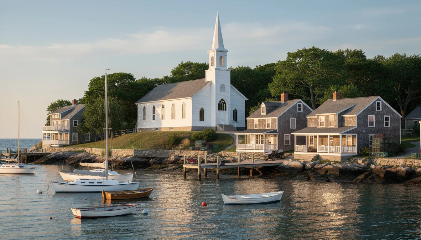 The image captures a picturesque New England coastal village featuring a white church steeple, a serene harbor filled with sailboats, and charming waterfront homes that embody historic New England charm. This scene reflects the allure of waterfront living along the Connecticut shoreline, showcasing luxury properties and the idyllic lifestyle that comes with coastal living.