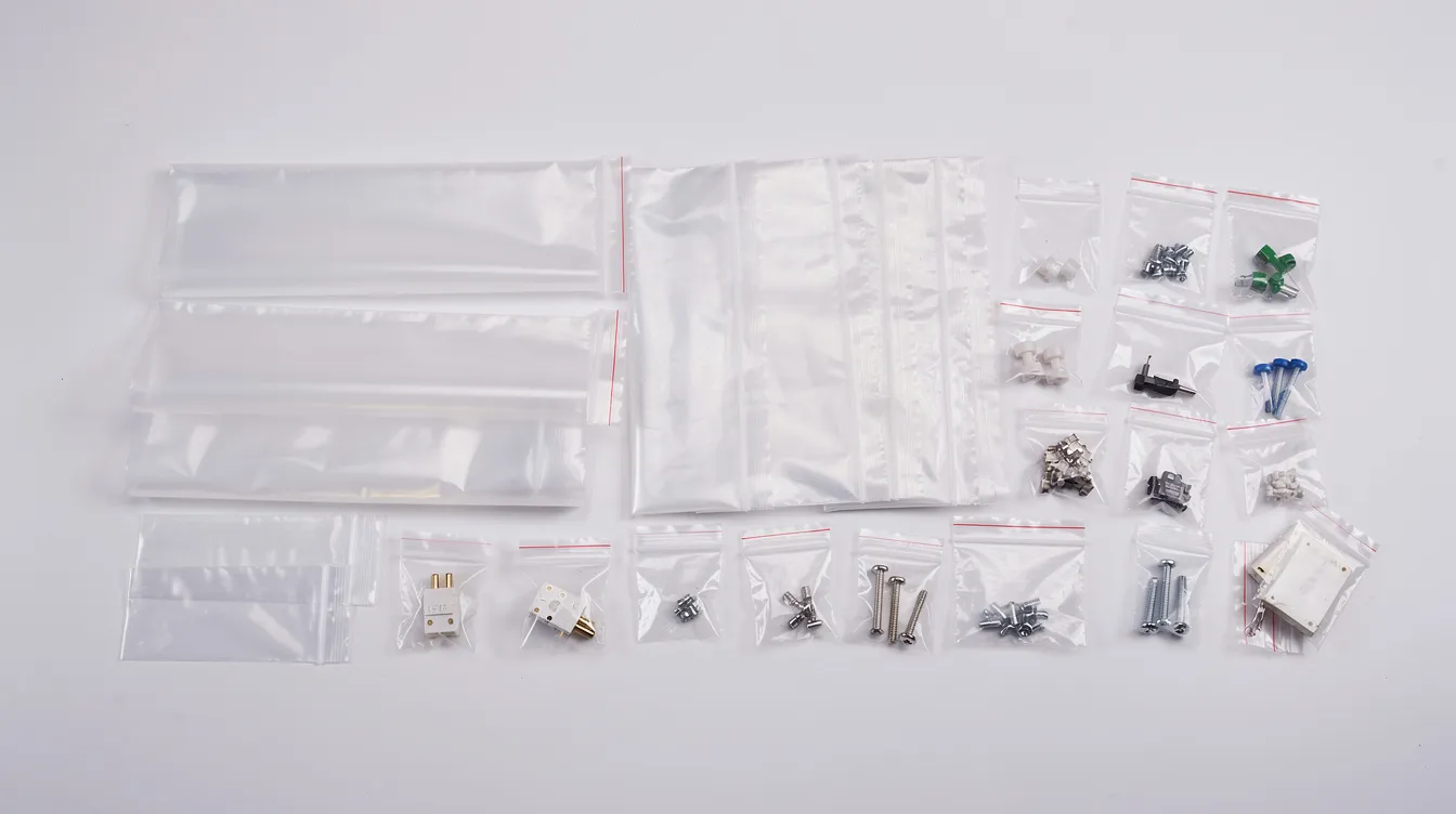 The image shows clear flexible plastic bags, specifically low density polyethylene (ldpe) bags, neatly arranged next to various packaged components, highlighting their role in food packaging and industrial applications. These transparent bags are lightweight and moisture-proof, suitable for storing sensitive products across different industries.