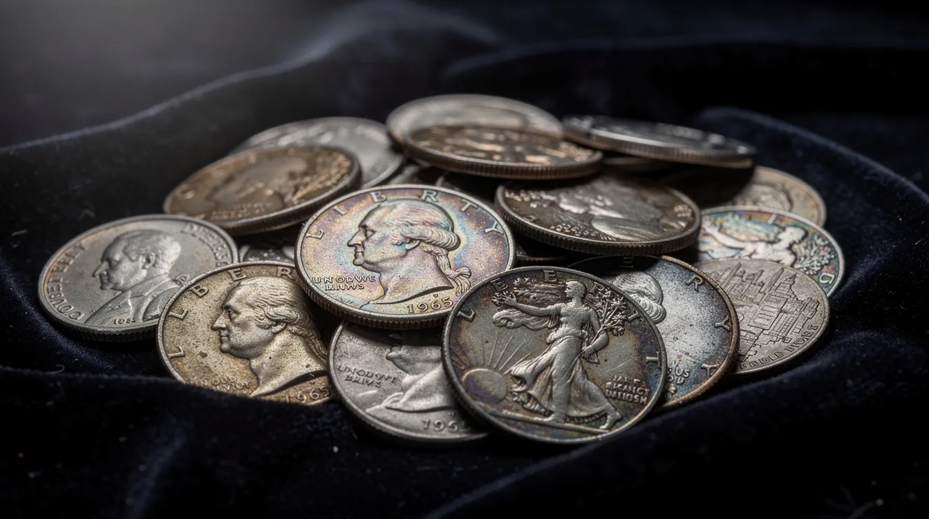 An assortment of pre-1965 U.S. silver coins, including dimes, quarters, and half dollars, is elegantly spread across a dark velvet cloth, highlighting their shiny surfaces and historical significance. These silver coins, often sought after by collectors and investors for their numismatic value and silver content, showcase various denominations and dates, reflecting their rich history in American currency.
