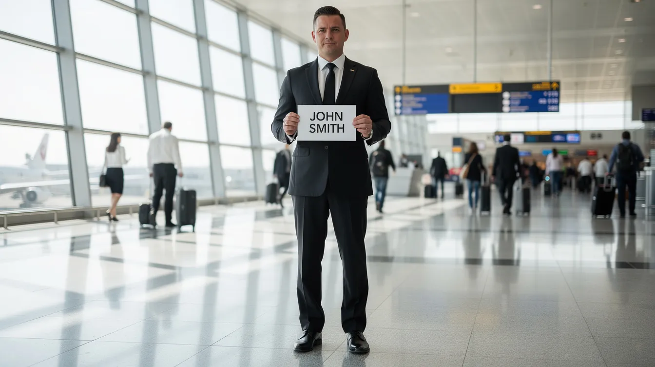 A professional chauffeur stands inside the airport terminal, holding a name sign to greet arriving passengers. This scene highlights the convenience of airport transportation services at Houston Hobby Airport, ensuring a stress-free travel experience for travelers.