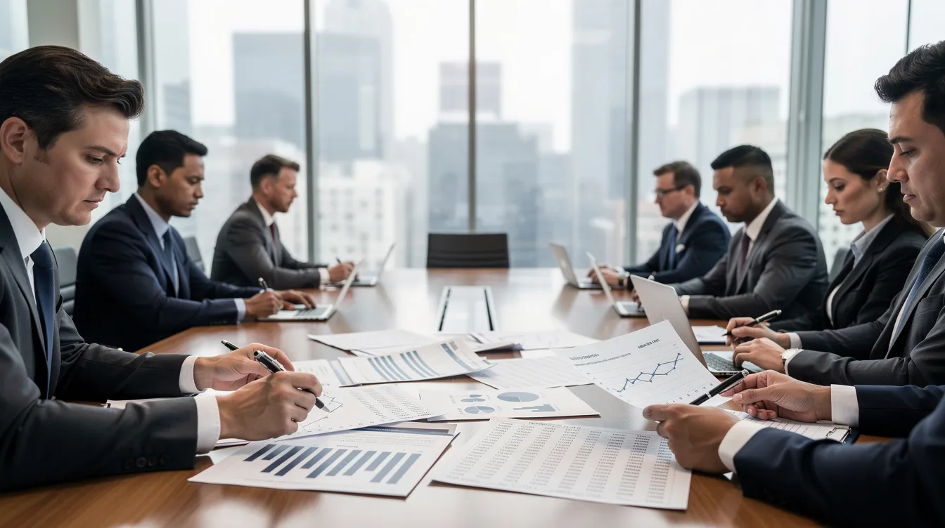 A group of business professionals is gathered around a conference table, intently reviewing financial documents related to tax credit services and qualified research expenses. The atmosphere suggests a focus on innovation efforts and maximizing tax savings through federal and state credits.