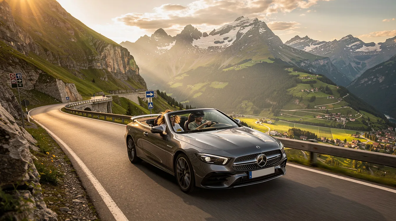 A person is driving a convertible car along a scenic mountain road in Europe, surrounded by lush greenery and towering peaks. This picturesque view highlights the joy of international driving, reminding travelers of the importance of having the correct driving credentials, like an international driving permit, to navigate local driving laws in foreign countries.