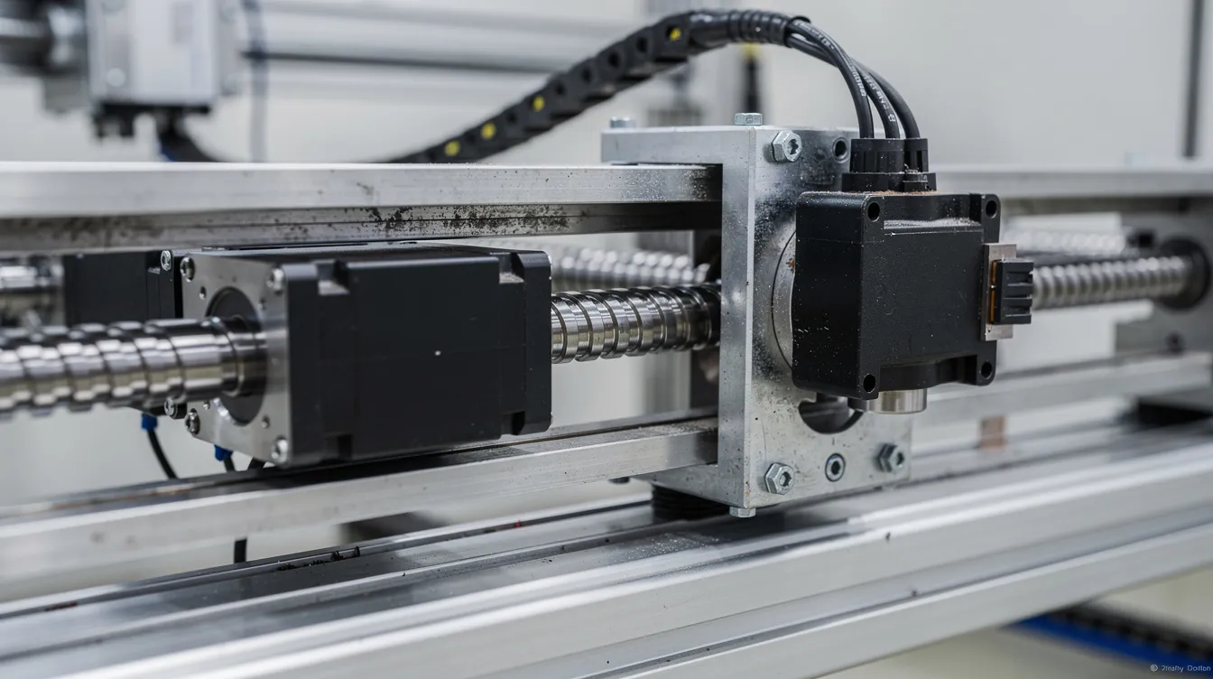 The image shows a close-up view of servo motors and ball screws on a CNC machine axis assembly, highlighting the intricate components essential for precise movements in computer numerical control systems. This detailed setup illustrates key elements of CNC technology used in the manufacturing process for various materials.