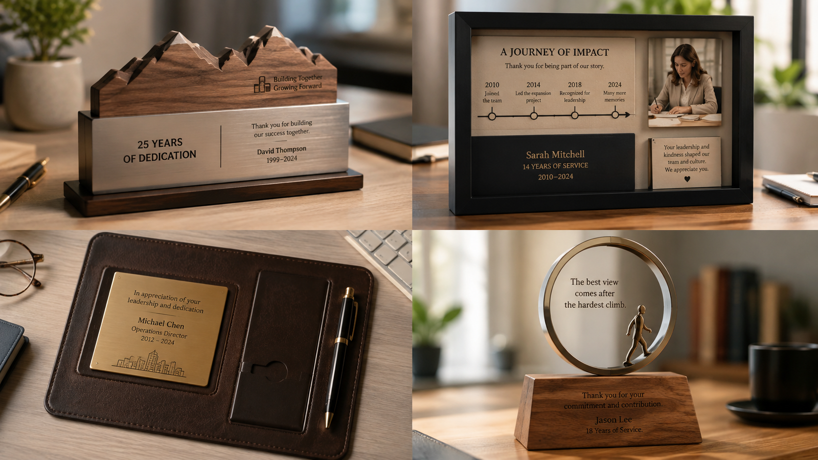 Retirement keepsakes featuring an engraved desk award, framed service timeline, folio, and glass sculpture