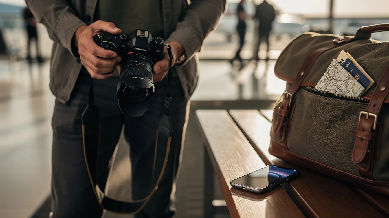 A photographer is holding a compact mirrorless camera, showcasing its lightweight design and advanced features, while a smartphone rests beside a travel bag, highlighting the contrast between traditional and modern photography devices. The scene captures the essence of photography in today's world, where both mirrorless and phone cameras play vital roles.