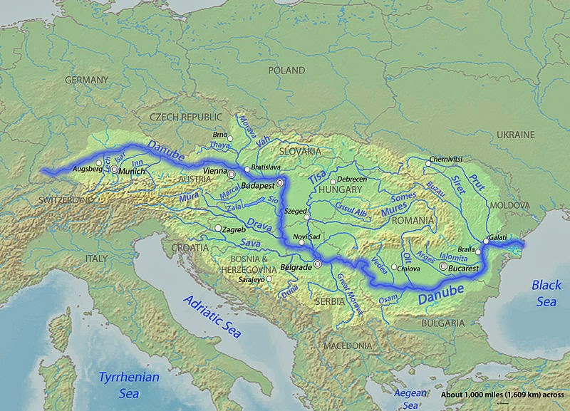 A map of the Danube River running through Germany all the way to Ukraine and Bulgaria