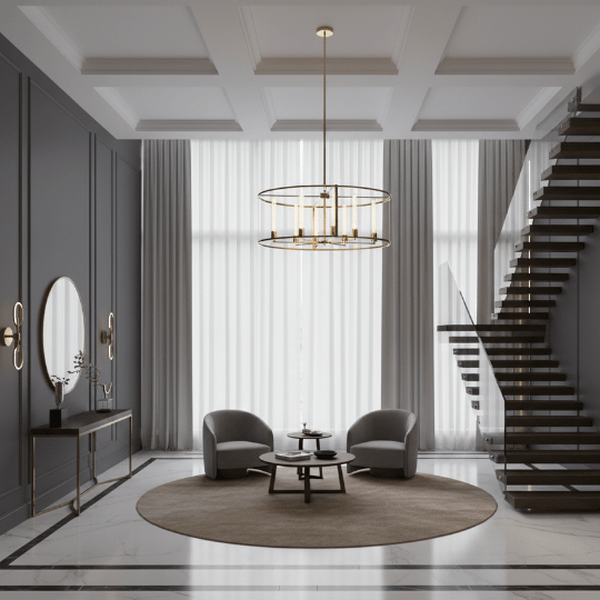 Contemporary chandelier with dual metal rings and soft candle-style bulbs by Lumière Lighting, adding refined elegance to a modern foyer.