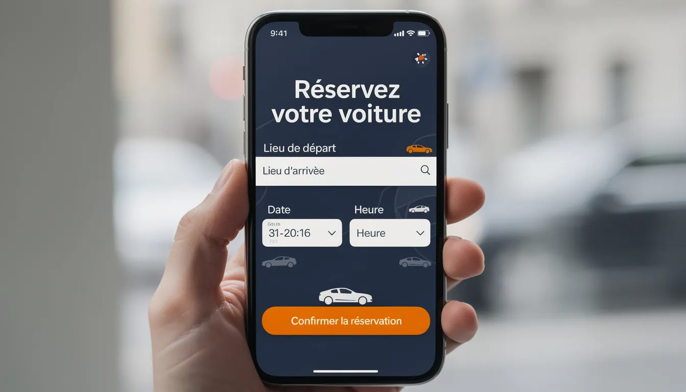 L'image montre l'écran d'un smartphone affichant une application de réservation de voiture, mettant en avant des informations sur les tarifs, les modèles de véhicules disponibles et les conditions de prise en charge. On y retrouve également des options de paiement, y compris la carte bancaire, pour faciliter la location de voitures haut de gamme.