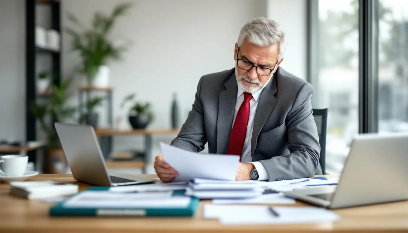 A business owner is seated at a desk, meticulously reviewing financial documents, including pension plan paperwork and a calculator, as they assess the implications of an overfunded defined benefit plan. The scene reflects the importance of understanding plan assets and potential excise tax related to plan termination for effective financial management.