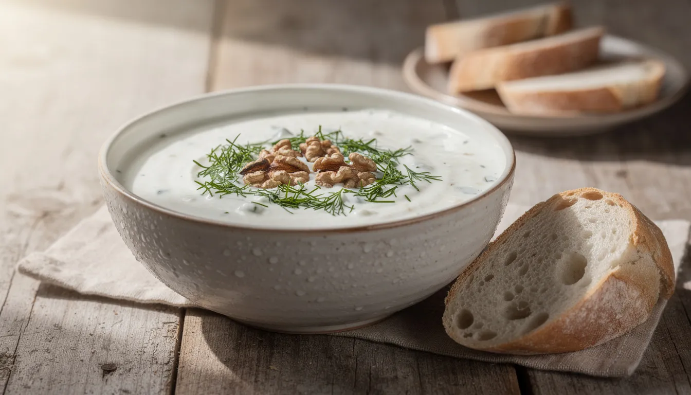 A bowl of refreshing white tarator soup, a traditional Bulgarian cold soup made with yogurt, is garnished with fresh dill and walnuts, and served alongside a slice of fresh bread. This dish embodies the essence of Bulgarian cuisine, perfect for a hot day.