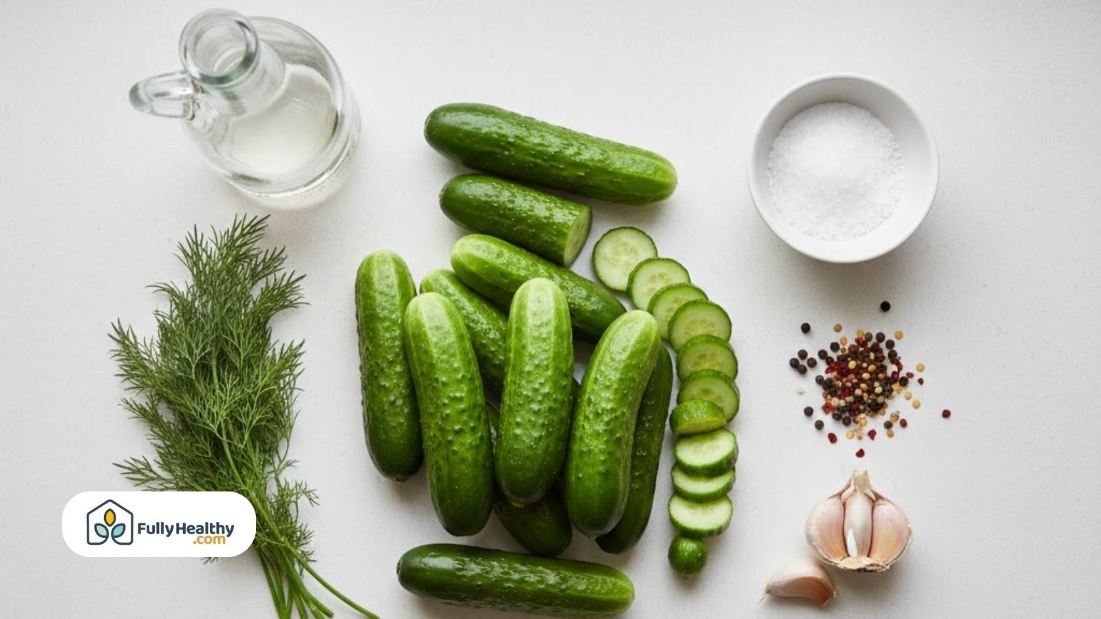 Fresh cucumbers, vinegar, salt, garlic, and spices used in the pickling process.