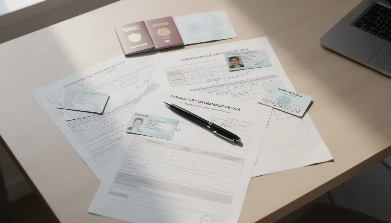 Une collection de documents d'immigration et de formulaires officiels est étalée sur un bureau, illustrant les démarches administratives nécessaires pour les immigrants souhaitant s'établir au Canada. Ces documents, souvent utilisés par des consultants en immigration, incluent des informations sur les procédures et les exigences pour obtenir la citoyenneté canadienne.