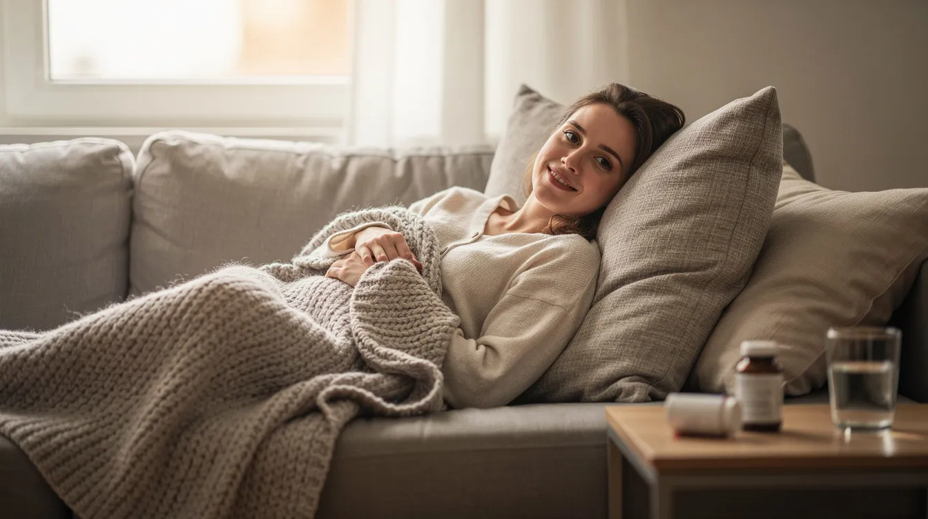 The image shows a person comfortably resting on a couch, wrapped in a blanket, appearing well-recovered and relaxed. This scene emphasizes the importance of healthy sleep for overall health and immune function, highlighting the body&rsquo;s need for enough sleep to maintain a strong immune response.