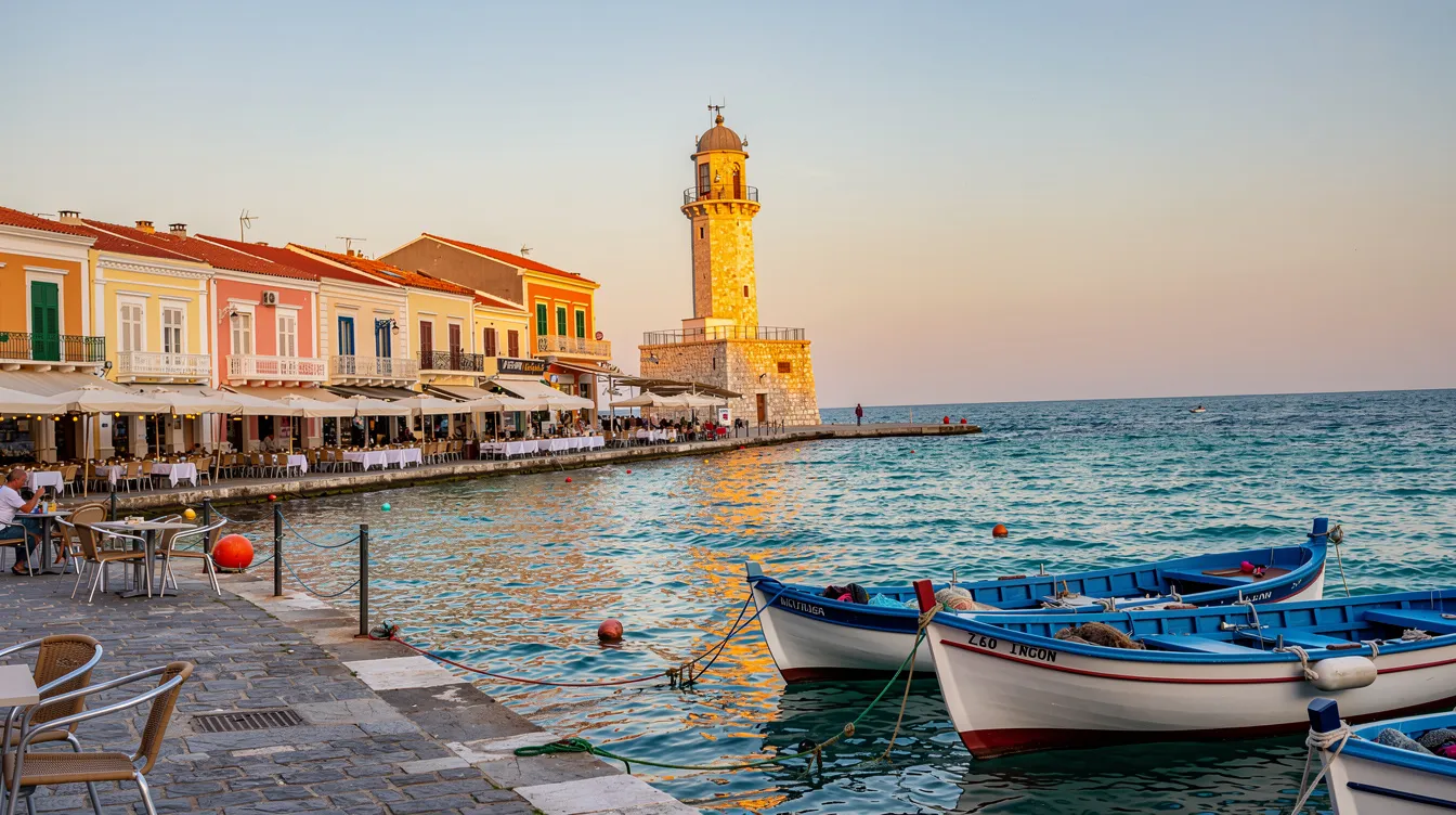 A imagem mostra o centro histórico de Chania, na ilha de Creta, Grécia, com suas ruas de pedras e arquitetura veneziana. Ao fundo, é possível ver o porto veneziano e o mar azul, que compõem uma paisagem encantadora e atraente para turistas e viajantes.