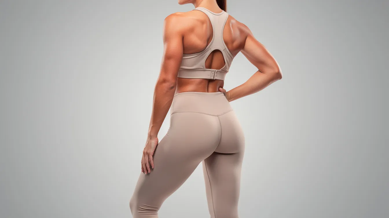 The image depicts a woman in athletic wear standing confidently, showcasing her natural-looking body contour from behind in soft studio lighting. Her posture highlights the aesthetic appeal of non-surgical butt augmentation, emphasizing the desired shape and fullness of her buttocks without the need for invasive surgery.