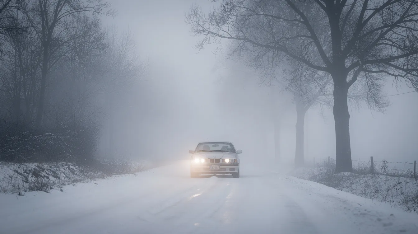 Ein einsames Auto fährt auf einer schneebedeckten Landstraße, umgeben von kahlen Bäumen und einer endlosen Winterlandschaft im Nebel. Die Szene vermittelt eine ruhige, aber auch gespenstische Atmosphäre, die an die düstere Stimmung des Films "Fargo" erinnert.