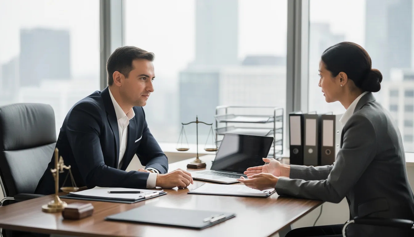 The image depicts an attorney meeting with a client in a professional office setting, discussing important aspects of a workers compensation claim. The atmosphere is focused and supportive, highlighting the attorney's role in guiding the injured worker through the complexities of medical treatment and disability benefits under Colorado's workers compensation laws.