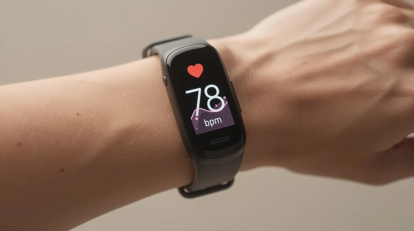 A close-up view of a fitness tracker band on a wrist displays heart rate data, highlighting its role in monitoring health metrics such as heart rate variability and resting heart rate. This wearable tracker is essential for tracking sleep patterns and overall sleep health, providing insights into sleep stages and duration.