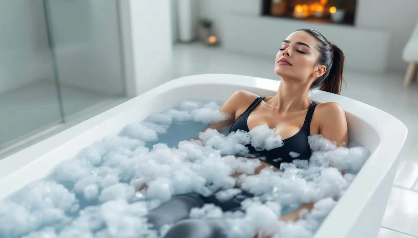 A woman sits in an ice bath, practicing breathwork techniques to enhance her wellness routine. She focuses on deep belly breathing and rhythmic breathing exercises, which promote relaxation and improve blood flow, helping her manage stress and achieve mental clarity.