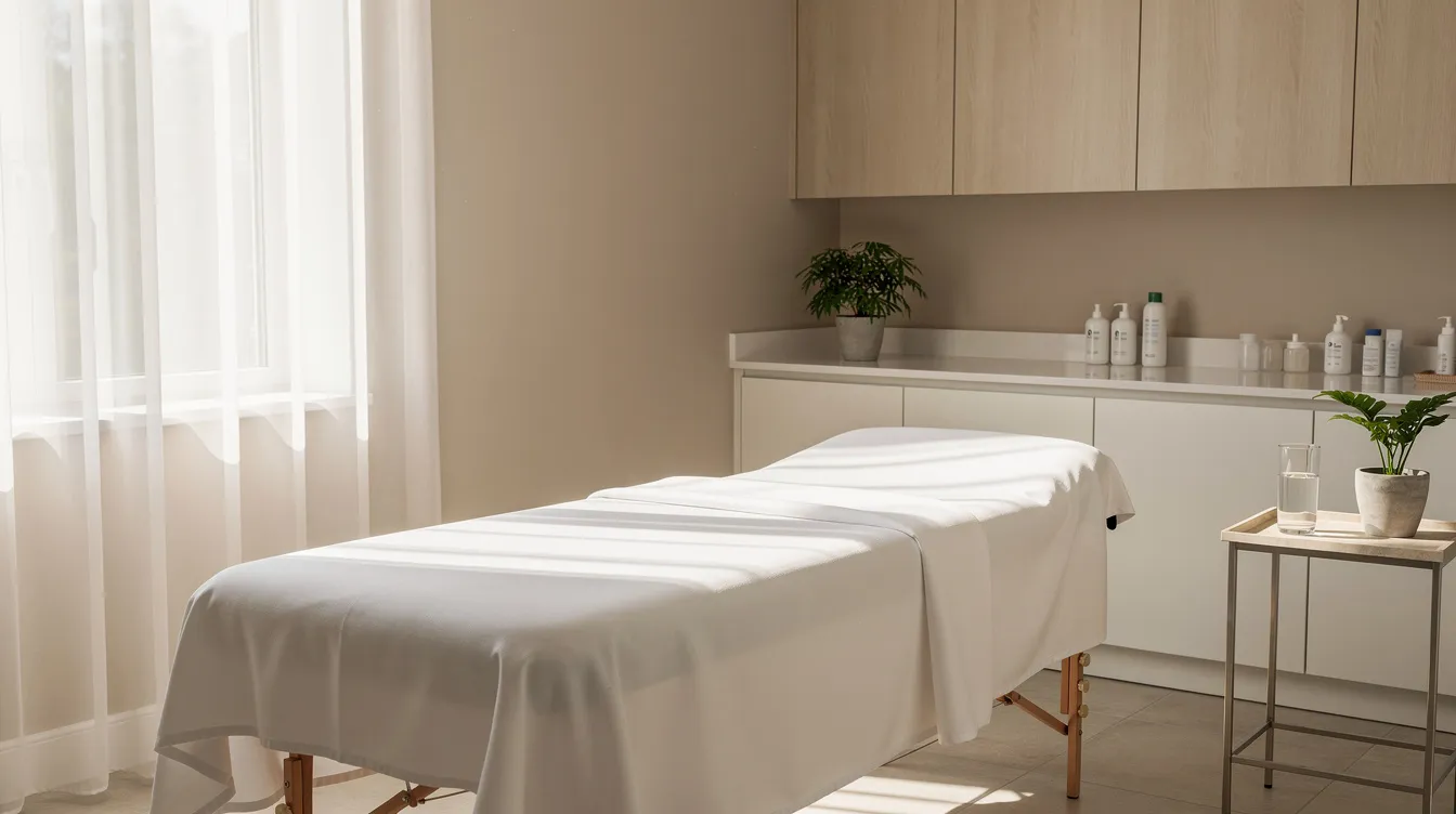 The image depicts a calm treatment room featuring clean linens and soft natural light, creating a serene atmosphere ideal for a minimally invasive treatment like a liquid Brazilian butt lift. This inviting space emphasizes patient safety and comfort, essential for procedures that enhance natural curves and improve skin texture.