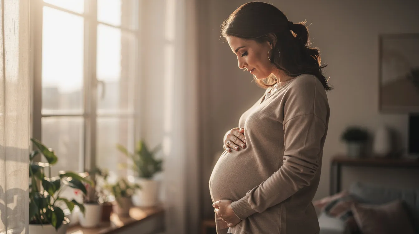 Eine schwangere Frau steht nachdenklich am Fenster und schaut auf ihren Bauch, während weiches, natürliches Licht den Raum erhellt. Diese Szene könnte symbolisch für die Sorgen über die steigenden Infektionen von Geschlechtskrankheiten wie Syphilis und Gonorrhö in Europa stehen, die laut ECDC-Berichten einen Rekordhoch erreicht haben.